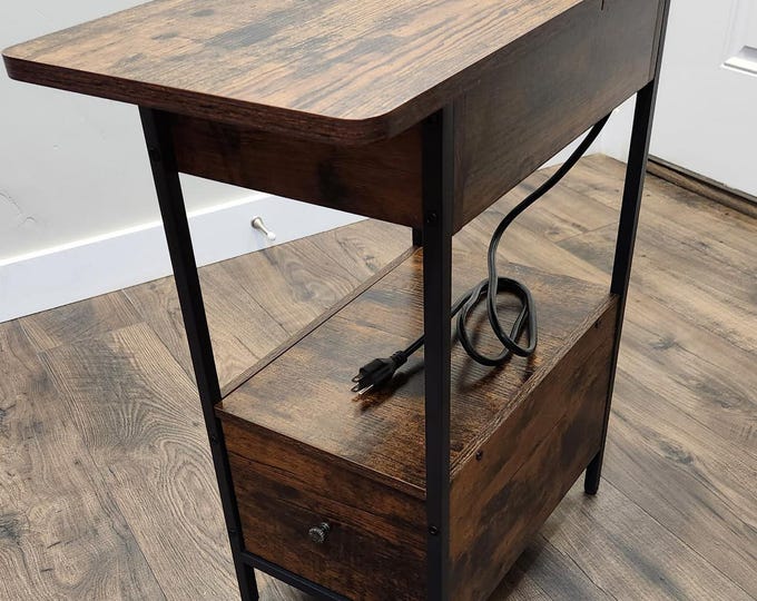 End Table with Charging Station, Narrow Side Table, Flip Top Cabinet, Fabric Drawer, Rustic Brown Nightstand