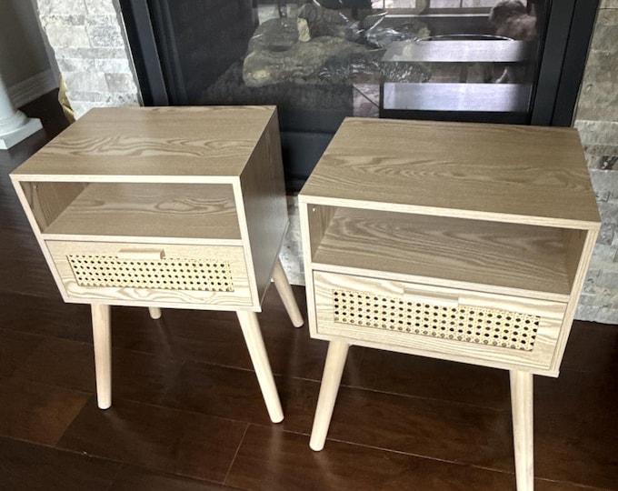 2 Modern Rattan Nightstand, Bedside Table with Storage Drawer, End Table for Bedroom, Living Room, with charging station, Natural Walnut