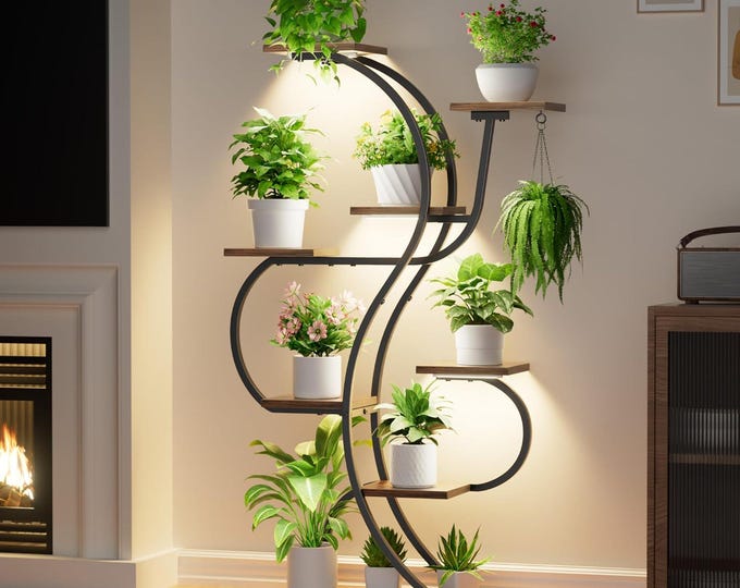 55" Indoor Plant Stand with Grow Lights – 8-Tier Black Corner Plant Shelf Rack for Living Room, Porch, Indoor Plants & Flowers