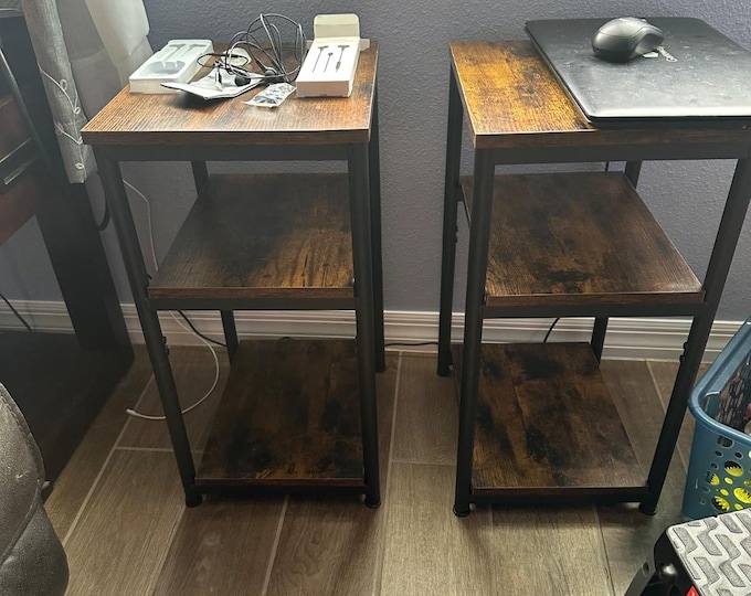 Bathroom Rustic Side Table, Small End Table, Tall Nightstand for Bedroom, Living Room, Office, Bathroom, Classic Black & Brown Accent Table