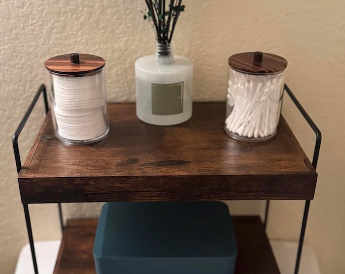 Bathroom Counter Organizer, Rustic Brown Wood Countertop Rack for Kitchen, Spice, or Vanity Makeup Storage 2-Tier