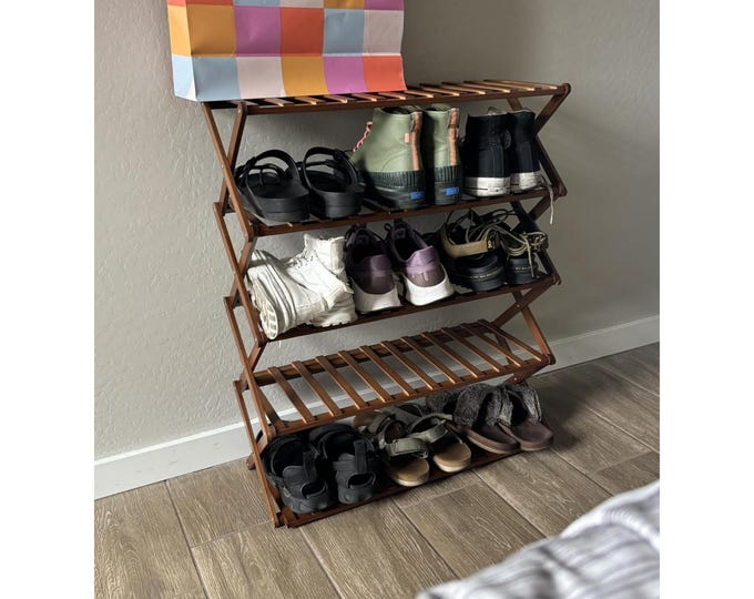 Bamboo wood shoe rack 5 tier, entryway storage shelf, space saving shoe stand for hallway or closet
