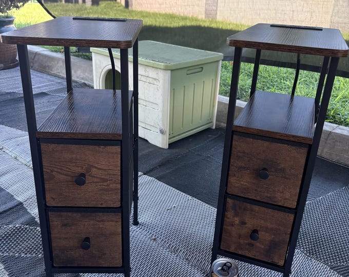 2 Nightstand with Charging Station, Set of 2 End Tables with Fabric Drawers, Slim Side Table for Bedroom & Living Room, Rustic Brown