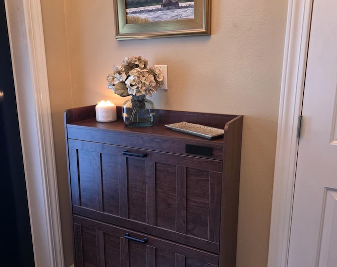 Shoe Cabinet with 2 Flip Drawers, Slim Freestanding Shoe Storage Organizer for Entryway, Hidden Narrow Shoe Rack, Walnut Finish
