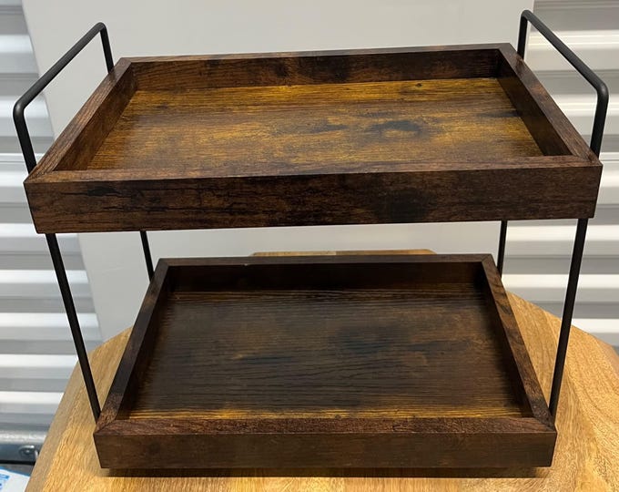 2-Tier Bathroom Counter Organizer, Rustic Brown Wood Countertop Rack for Kitchen, Spice, or Vanity Makeup Storage