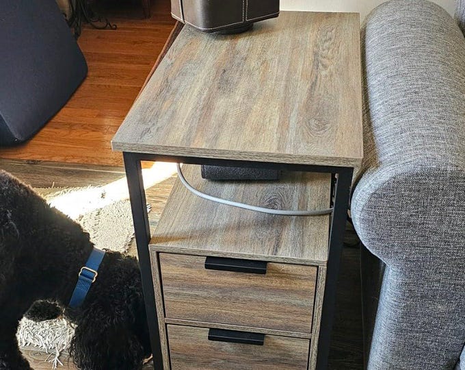 Side Table with Charging Station, Narrow End Table, Slim Nightstand, Bedside Table with Storage, Small Space Furniture