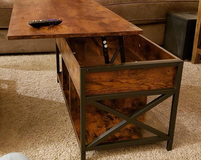 Lift top coffee table with storage, rustic brown black table with hidden shelf for living room or office