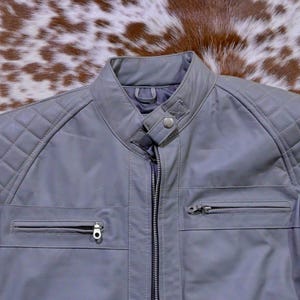 Men’s Gray Leather Jacket | Slim Fit Biker Moto Jacket | Quilted Shoulder Café Racer Jacket | Stylish Motorcycle Outerwear Gift for him.