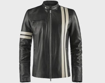 Black Leather Fashion Jacket with White Stripes | Men Outerwear | Biker Style