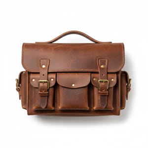 May include: A brown leather satchel with multiple pockets and brass buckles. The bag features a top handle and adjustable straps. The leather has a distressed appearance, giving it a vintage feel. Designed for carrying items.