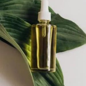 May include: A clear glass dropper bottle filled with a yellow liquid, set against a large green leaf. The bottle has a white dropper top. The background is a soft white.
