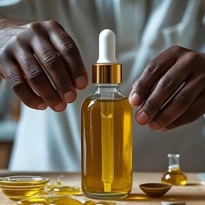 May include: A clear glass bottle with a gold-coloured cap and white dropper filled with a golden liquid. The bottle is surrounded by hands. A small glass bowl and a small wooden bowl are on the wooden surface.