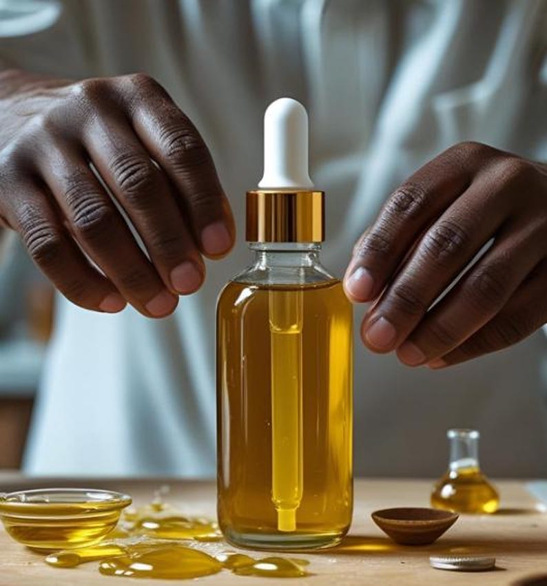 May include: A clear glass bottle with a gold-coloured cap and white dropper filled with a golden liquid. The bottle is surrounded by hands. A small glass bowl and a small wooden bowl are on the wooden surface.