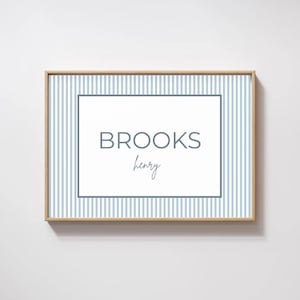 Personalized Blue Striped Name Print – Custom Baby Boy Nursery Wall Art, Modern Minimalist Digital Download