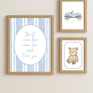 Blaue Kinderzimmer Wand Kunst Bündel | 3er Set Digitale Bilder | Baby Jungen Zimmer Dekor | Vintage Auto, Teddy Bär & Zitat Druck | Sofort Download