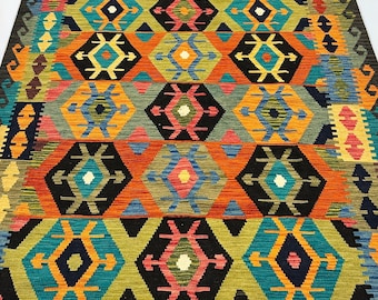 Authentic Afghan Kilim, Vibrant Geometric Wool Kilim – One-of-a-Kind Statement Piece 6.8x9.6ft