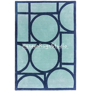 Handmade  Handtufted Wool Area Rug: Modern Geometric Blue Aqua Circle Design