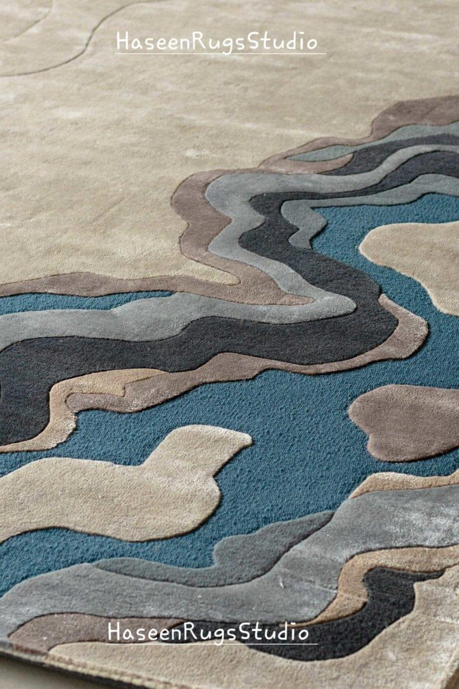 Modern Landscape-inspired Wool Rug – Hand-tufted Artistic Carpet – Wavy ...