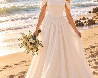 Off Shoulder Linen Wedding Dress, Minimalist A Line Bridal Gown, Beach Wedding Dress, Custom Order Wedding Dress, Beach Dress.