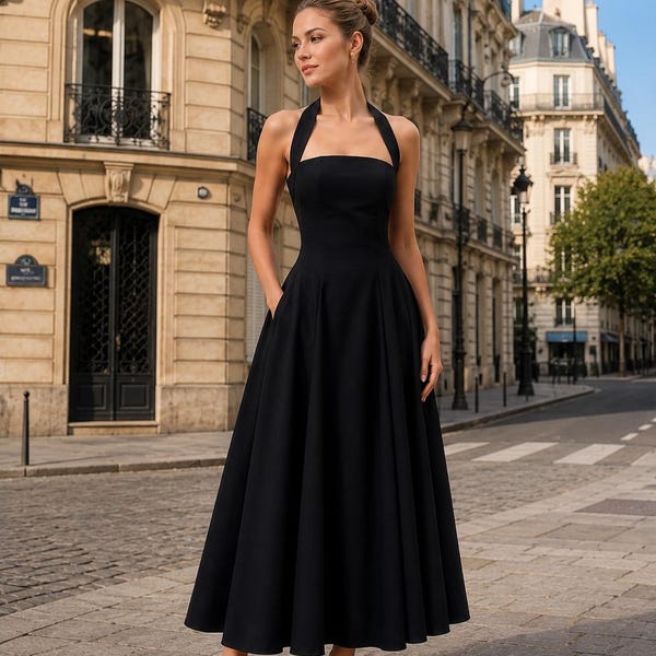 Black Silk Satin Halter  Dress for Women, Elegant A-Line Cocktail Dress, Open Back Formal Dress, Wedding Guest Dress, Luxury Evening Dress.