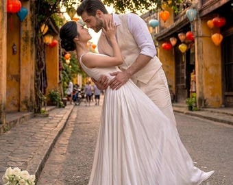 Minimalist Satin Wedding Dress | Elegant A-Line Bridal Gown | Deep V Open Back Wedding Dress |  Luxury Bridal Dress | Modern Wedding Gown