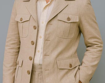 Custom Linen Men Jacket  Linen Blazer Men Slim Fit Hunting Coat Men Pockets Jacket Casual Jacket Men Outwear Vintage Coat Men Gifts For Him.