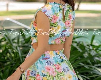 Tropical Print Linen Dress: Sleeveless Midi Summer Dress Linen summer dress Linen beach dress Linen custom order clothes women.