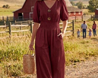 Linen Wide Leg Jumpsuit Women with belt| Rumpled Waist Maxi Romper with Pockets | Plus Size Relaxed Fit Summer 2026 | Custom Size Freeship.