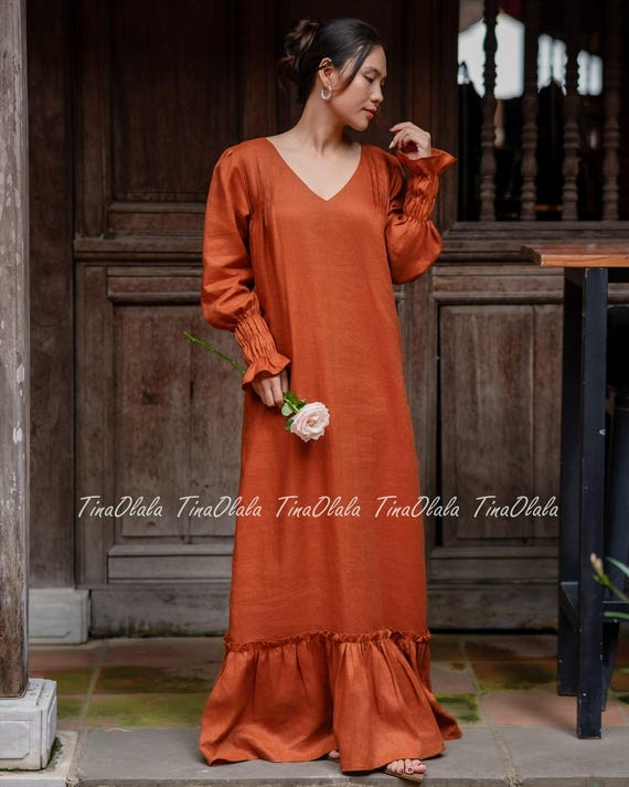 rust maxi dress boho Momyknows Fall Rust Red Rustic Orange Boho Maternity Photoshoot Maxi Dress main image 1