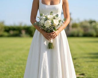 Minimalist Open Back Wedding Dress – Elegant A-Line Bridal Gown, Square Neck Satin Wedding Dress, Simple Modern Bridal Dress with Bow Back.