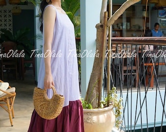 Two-Tone Linen Maxi Dress: Sleeveless Summer Dress with Ruffled Hem