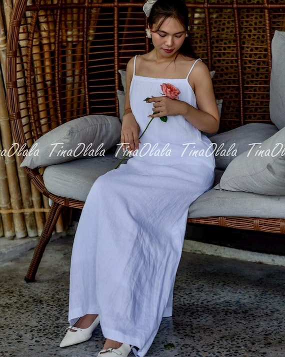 White Linen Maxi Dress, Spaghetti Strap, Open Back Tie