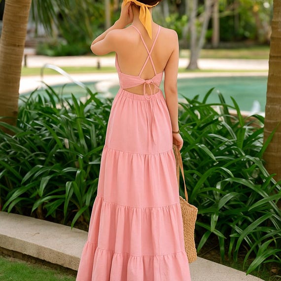 princess polly baby blue dress Sage Green Linen Maxi Dress: Crisscross Back, Tiered Elegant Gown