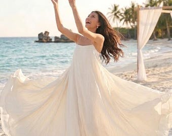 Linen Beach Wedding Dress | Minimalist Boho Bridal Gown | Engagement Party | Simple A-line Reception Dress | Custom Elopement Dress Freeship