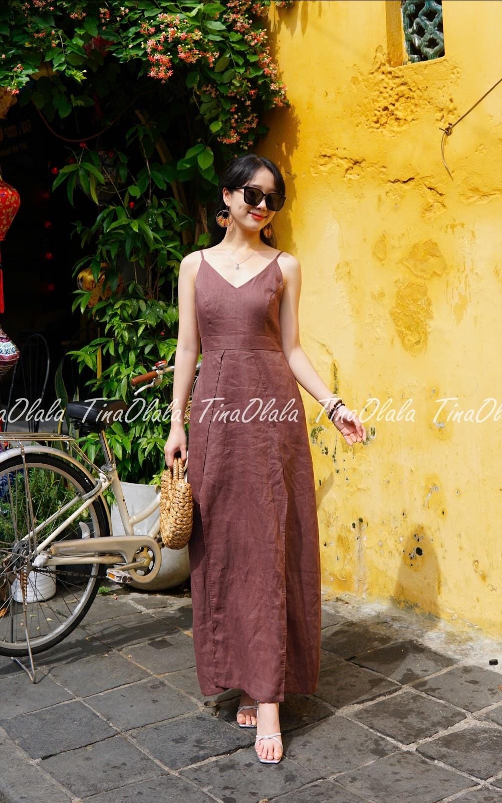 brown linen maxi dress Cocoa Brown Linen Maxi Dress: Sleeveless V-neck Summer Dress
