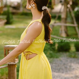 Bright Yellow Linen Midi Dress  Cut Out Waist Back Button Closure & Tiered Hem 100% Linen Dress Linen Party Dress Linen Weeding party Dress