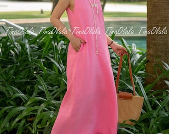 Blush Pink Linen Summer Dress: Sleeveless Midi A-Line