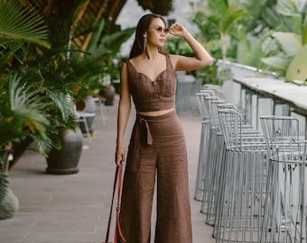 Minimalist Linen Two-Piece Set: Crop Top & Wide-Leg Pants Linen Women Linen 2 pieces set Linen summer set Summer women clothes Gift for her.