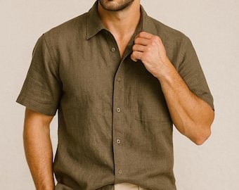 Men's Linen Short Sleeve Shirt: Coastal Style, Button-Down