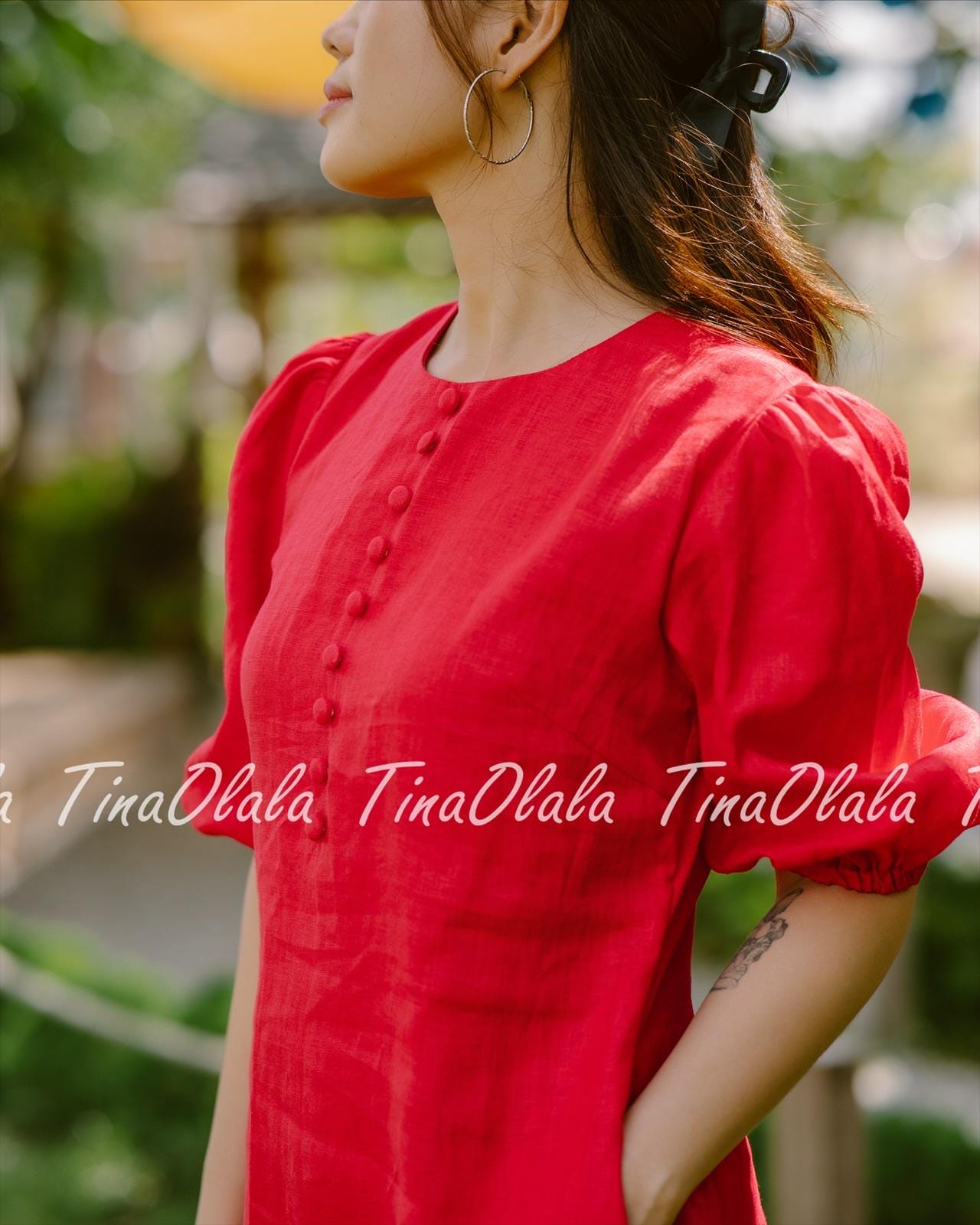 red linen puff sleeve dress Genevieve Puffed-Sleeve Midi Dress