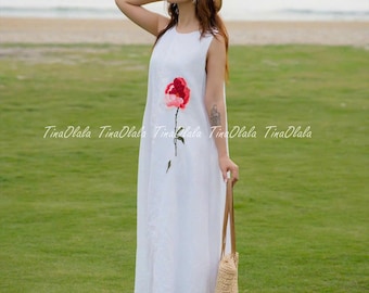 Hand Embroidered Linen Dress: Sleeveless Summer Midi Dress Oversize plus size Summer 2026 Custom order women clothes.