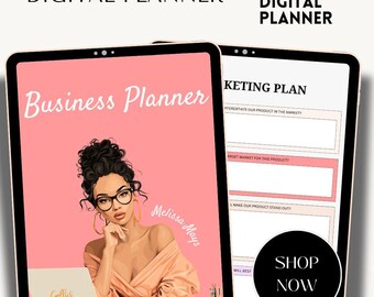 May include: Two digital planner mockups. One shows a pink screen with "Business Planner" and an illustration of a woman. The other shows a "Marketing Plan" template. Text includes "Digital Planner", "Editable Digital Planner", and "Shop Now".