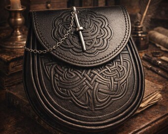 Handmade Genuine Leather Sporran – Celtic Embossed Pin Lock Kilt Pouch – Scottish Highland Wear – Wedding, Festival, Bagpiper Gift Unisex
