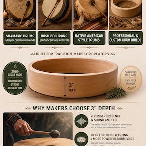 May include: Image showcasing various drum types: Shamanic, Irish Bodhráns, and Native American style drums. A wooden drum frame is featured, with a depth of 3 inches. The text highlights solid cedar wood, lightweight construction, and a natural tone.
