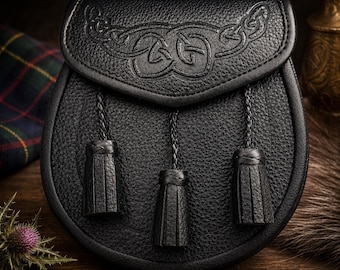 Handmade Black Leather Sporran with Celtic Embossed Flap – Traditional Scottish Kilt Sporran with Tassels – Highland Dress Accessory