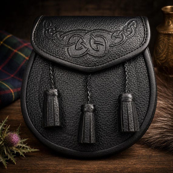 Handmade Black Leather Sporran with Celtic Embossed Flap – Traditional Scottish Kilt Sporran with Tassels – Highland Dress Accessory