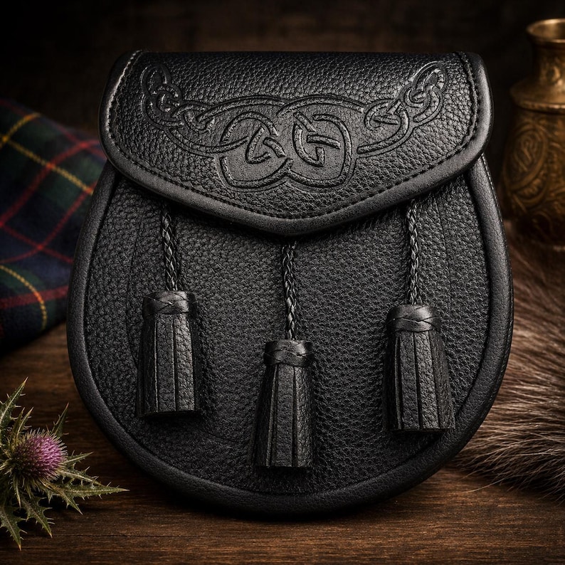 May include: A black leather sporran with a Celtic knot design embossed on the flap. The sporran has a rounded shape with three black tassels hanging from the bottom. The background includes a tartan fabric and a thistle.