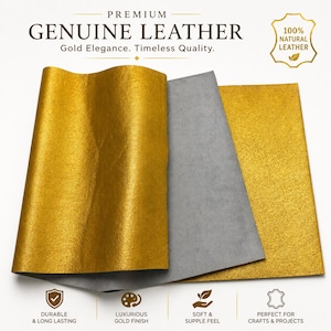 May include: Genuine leather sheets in gold and gray. The image displays three pieces of leather, with the primary focus on the gold sheets. Text includes "Premium Genuine Leather", "100% Natural Leather", and descriptions like "Durable & Long Lasting".