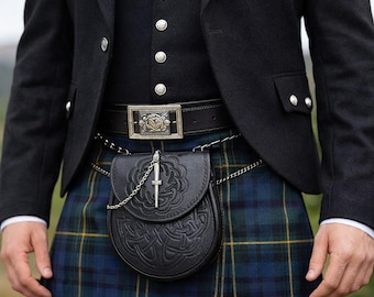 Handmade Genuine Leather Sporran – Celtic Embossed Pin Lock Kilt Pouch – Scottish Highland Wear – Wedding, Festival, Bagpiper Gift Unisex