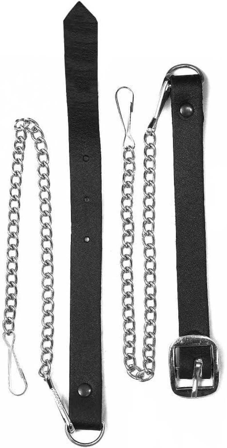 May include: Black leather kilt straps with silver-tone metal chains and hardware. The straps have a pointed end and are secured with rivets and buckles. The chains have a hook and ring attachment.